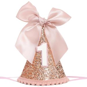 Rose Gold 1/2 Birthday Hat - Bow Birthday Party Decorations, Glitter Number Cone Hat, Princess Bow Hat