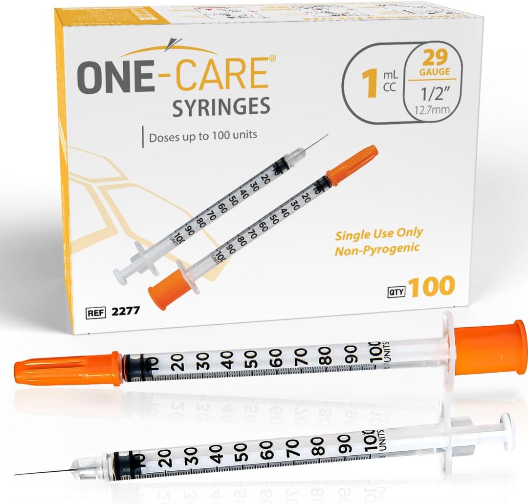 ONE-CARE Syringes 1 ml/cc, 29G x 1/2'' (12.7mm), Orange Cap, 100/box