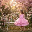 IMEKIS Toddler Kids Girls Pageant Sequin Flower Dress, Shiny Asymmetric Shoulder Formal Party Tiered Tulle Gowns (Pink, M)