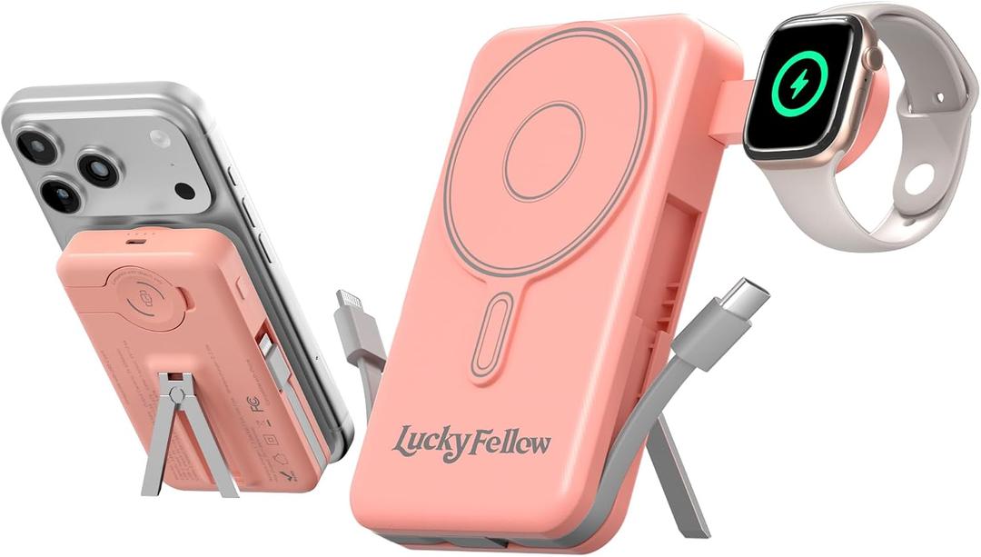 Magnetic Portable Charger Built-in Cables,10000mAh Fast Charging Wireless Charger Station External Battery Pack Slim Pocket Size Power Bank with Stand Compatible with iWatch, iPhone
