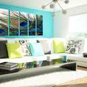 Wall Art for Living Room Bedroom Decoration Peacock Painting Canvas Print Framed Art Animal Feather Plume Modern Art for Office Wall Dcor Teal Blue Green 5 Panels Large Size 10x28inch