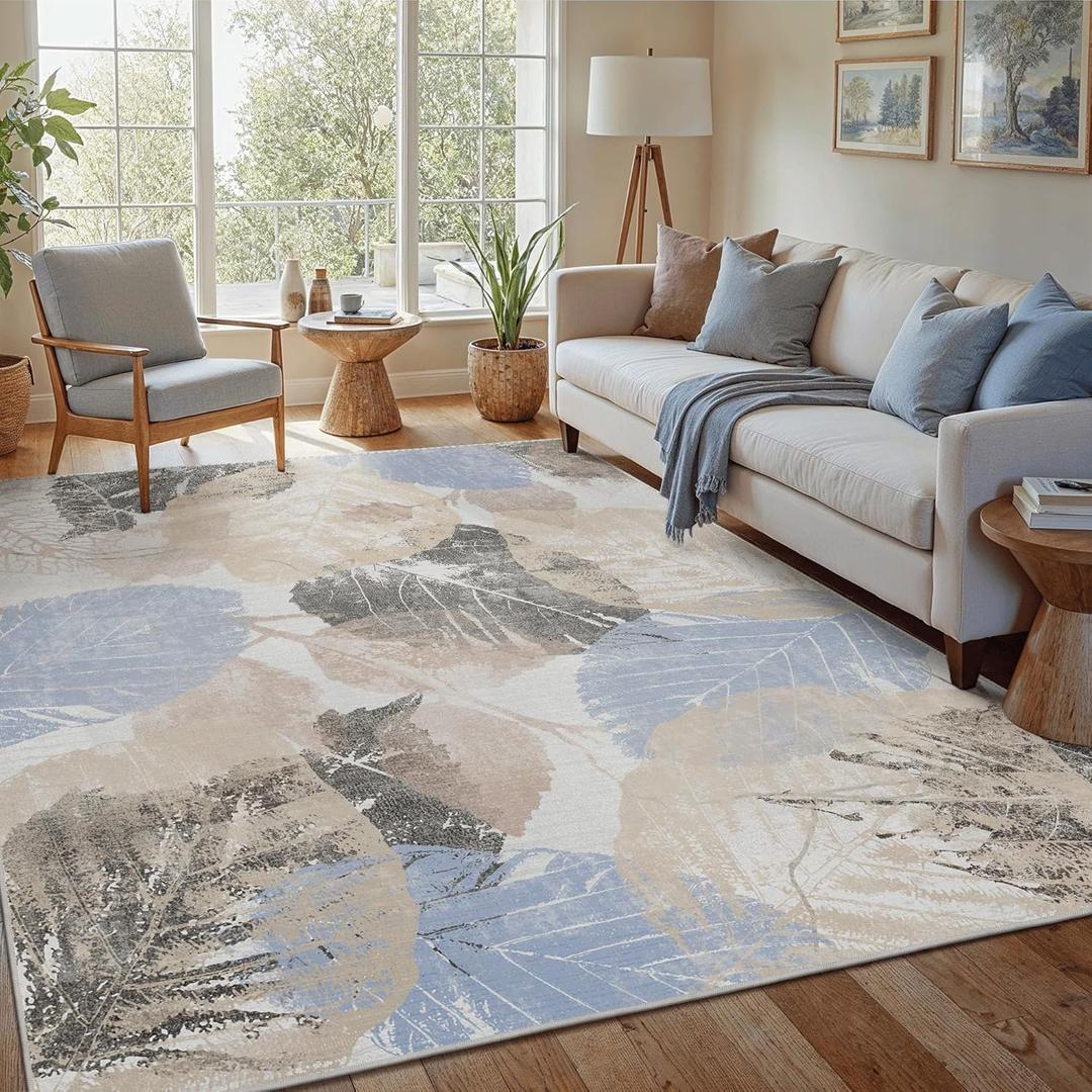 GENIMO Modern Botanical Area Rugs 8x10, Natural Leaf Pattern Indoor Living Room Rug, Ultra-Thin Washable Rug with Non Slip Backing, Print Low Pile Soft Carpet for Bedroom, Dining Room, Blue/Beige