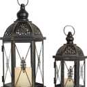 DECORKEY Large Lantern Decorative Outdoor & Indoor, Set of 2 (15&10) Metal Candle Lanterns Decor, Vintage Hanging Candle Holder for Front Porch Patio Wedding Farmhouse Home, Spring Decoration (Black / 14.9''+10.4'')