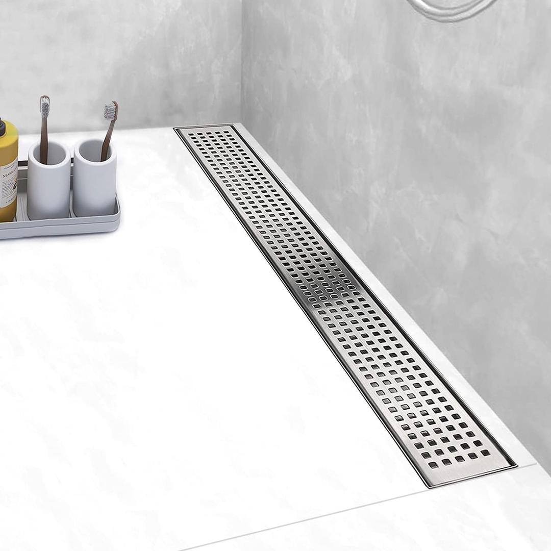 Linear Shower Drain, Shower Drain 24 inch with Removable Grate Cover, Professional AISI 304 Stainless Steel Shower Floor Drain, Linear Drain with Hair Catcher and Leveling Feet