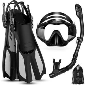Odoland Kids Snorkeling Packages Snorkel Set, Dry Top Snorkel Mask with Adjustable Swim Fins for Boys and Girls Age 7-14 (S/MD (Kid JR 9-13), Black)