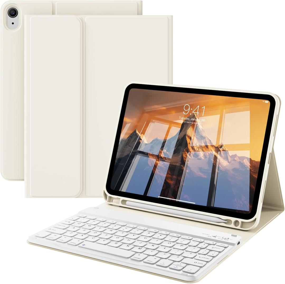 Kenke Keyboard Case for iPad 10th Generation (10.9 Inch 2022) / iPad A16 11th Generation (11 inch 2025) with Pencil Holder, Stand Folio Detachable Wireless Bluetooth Keyboard Cover, Cream White