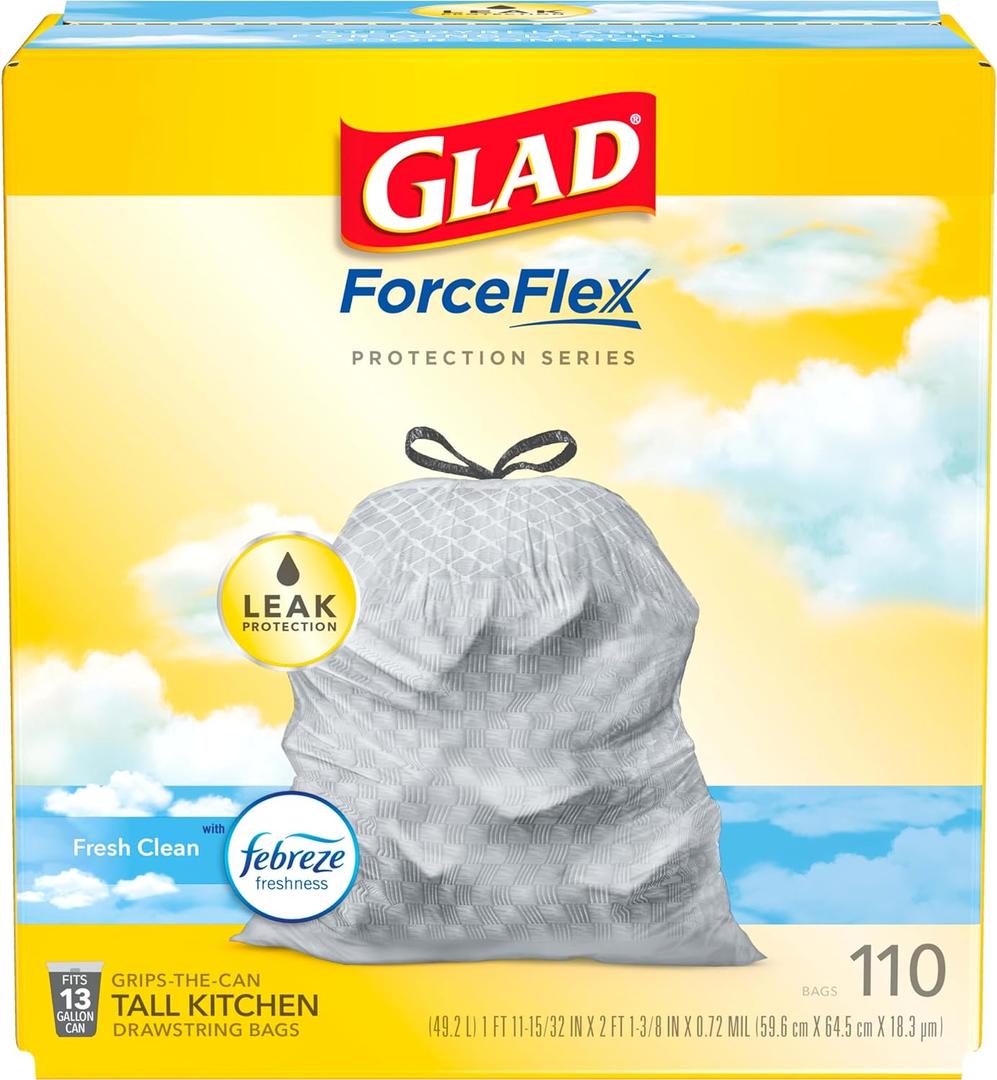 Glad ForceFlex Tall Kitchen Drawstring Trash Bags, 13 Gal, Fresh Clean, 110 Ct, Pack May Vary