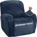 ZNSAYOTX Stretch Velvet Recliner Cover 4-Pieces, Thick Soft Recliner Chair Slipcover with Pocket, Non-Slip Elastic Bottom for Kids Pets, Luxury Plush Reclining Protector Comfy Washable (Navy Blue)