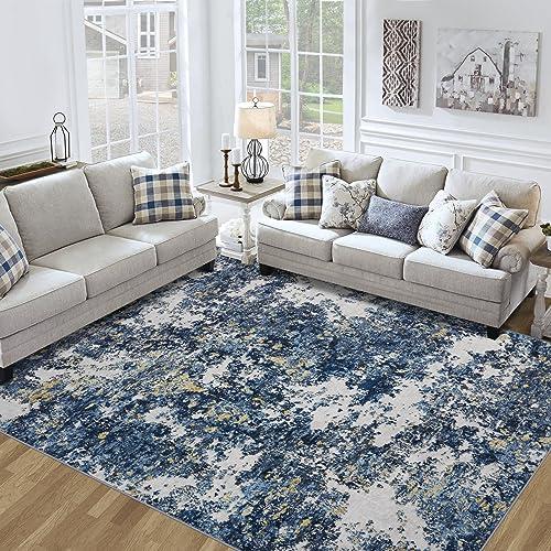 10x14 Area Rugs Living Room Rugs: Large Washable Rug with Anti-Slip Backing Non-Shedding Stain-Resistant Soft Abstract Carpet for Bedroom Dining Room Nursery Home Office-Blue/Multi