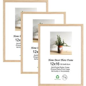 LYYYXGYP 12x16 Picture Frame Set of 3, Natural Solid Oak Wood Frame 12 by 16 Poster Frame with Plexiglass for Wall Hanging