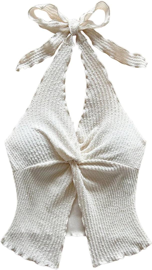 MakeMeChic Women's Backless Halter Top Twist Deep V Neck Sexy Cute Summer Tank Top (Large, Beige)