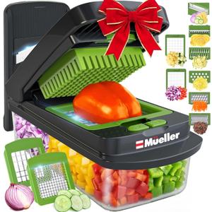 Mueller Pro-Series 10-in-1, 8 Blade Vegetable Chopper, Onion Mincer, Cutter, Dicer, Egg Slicer with Container, French Fry Cutter Potato Slicer, Home Essentials, Salad Chopper,Gray/Green