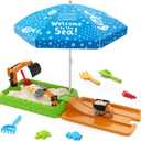 Sandbox with Lid, Dirt Digger Excavator Sand Box with Cover, Kids Sand Pit with Construction Toys/Umbrella/Beach Toys for Toddler 3-5, Sensory Kit Summer Gifts for Indoor Outdoor Backyard, Green