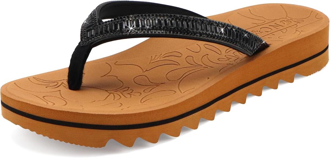 ONCAI Flip Flops for Women, Beach Thong Sandals Womens with Arch Support, Dressy Rhinestone Comfortable Yoga Mat and Non Slip Rubber Soles for Summer US Size 5-11 (8, Black/Khaki)