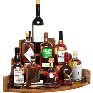 KLM Liquor Bottle Display Corner Shelf, Coffee Syrup Rack Organizer, 3 Step Countertop Liquor Wine Rack, mini bar, Liquor Cabinet, Home Retro Bar Shelf Stand for Liquor Whiskey. (Brown)