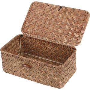 FEIALNDUO Wicker Shelf Baskets with Lid,Seagrass Storage Basket Bins Rectangular Handwoven Basket Boxes for Shelves Desktop Home Organizer (Coffee, X-Small)