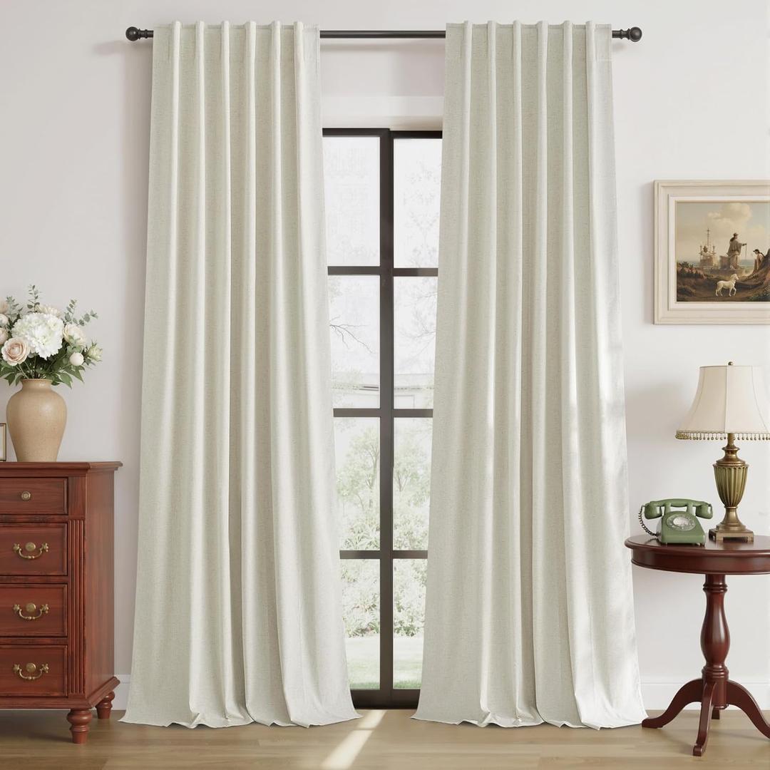 RYB HOME Natural Linen Blended Curtains 84 inch Long 2 Panels Set, 100% Blackout Burlap Look Curtains Drapes, Privacy Window Treatment with White Liner for Living Room Nursery, Natural, W52 x L84 inch
