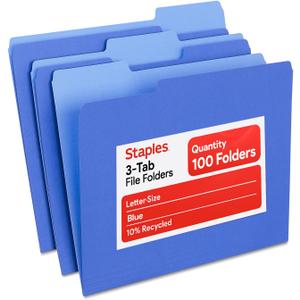 Staples File Folders, Letter Size, 1/3Cut Top Tabs, Blue, Durable 10.5Point Paper Stock, 100/Pack