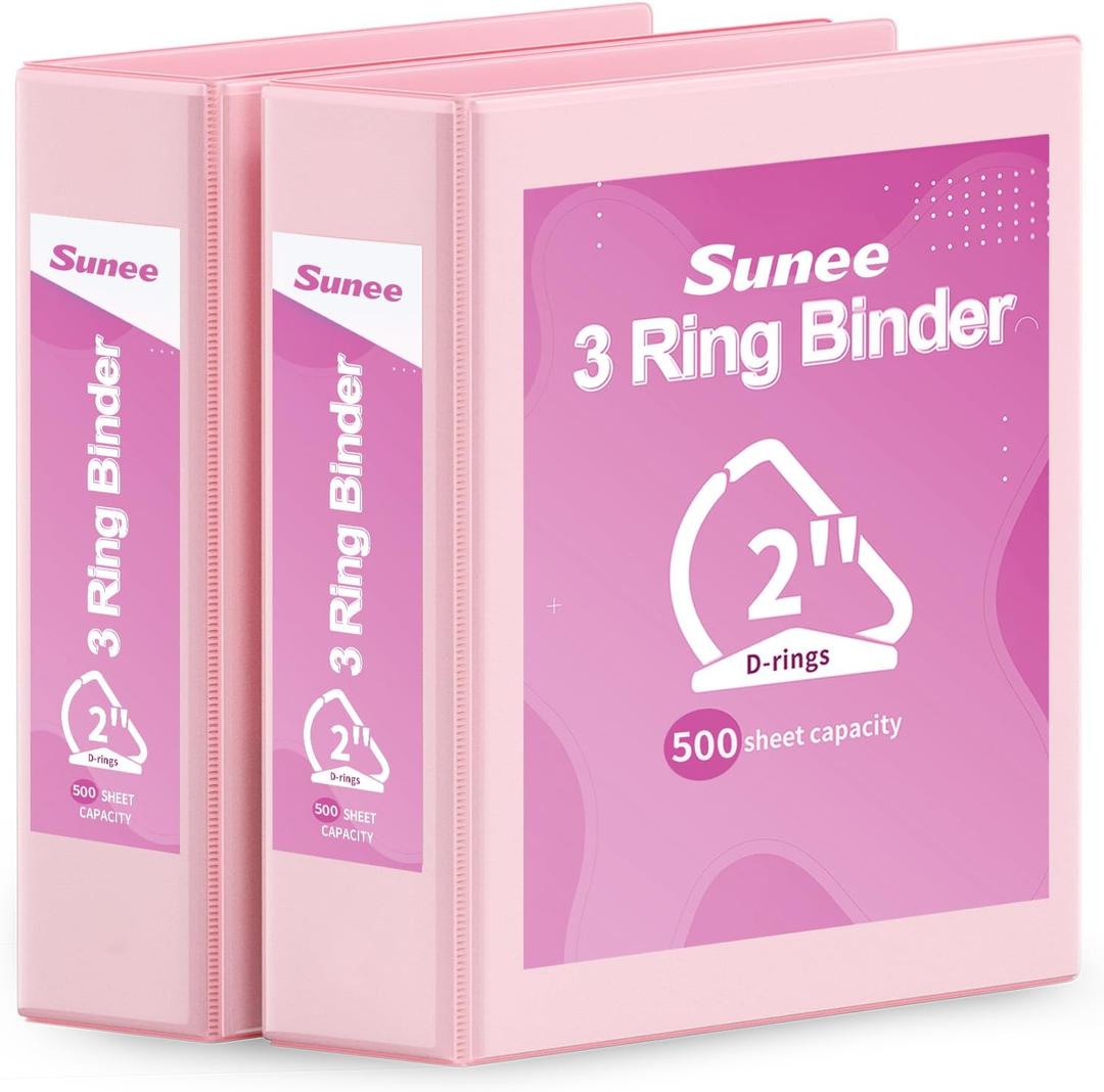 SUNEE 3 Ring Binder 2 Inch, Clear View Binder Three Ring PVC-Free (Fit 8.5x11 Inches) for School or Office Supplies, Pink, 2 Pack