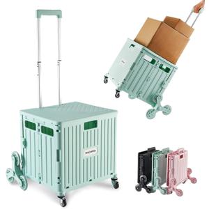 Foldable Utility Cart with Stair Climbing Wheels, Collapsible Rolling Crate with Telescoping Handle, Shopping Trolle Handcart Grocery Book File Tool Art Supplies Teacher Storage Basket(Green)