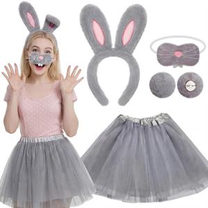 4 Pcs Easter Bunny Costume Set for Women Rabbit Ears Headband, Plush Tail, Nose & Tutu Skirt Easter Party Outfit (Gray)