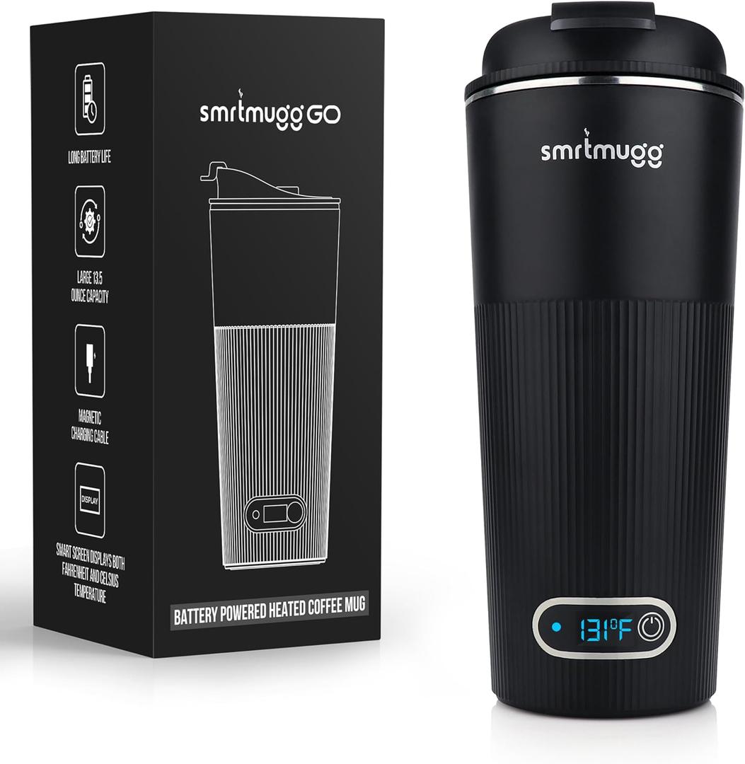 GO Heated Coffee Mug, Travel Mug, 13.5 OZ. Smart Mug, Battery Powered Heated Coffee Mug, Great for Coffee and Tea, Snap on Magnetic Charging Cord, New and Improved (Black)