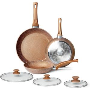 Healthy Nonstick Granite Cookware Set - 3 Pcs, Induction Skillets With Lids, PFOA Free, No Toxic Egg Omelette Frying Pan (Gold-8Inch+9.5Inch+11Inch With Lid)