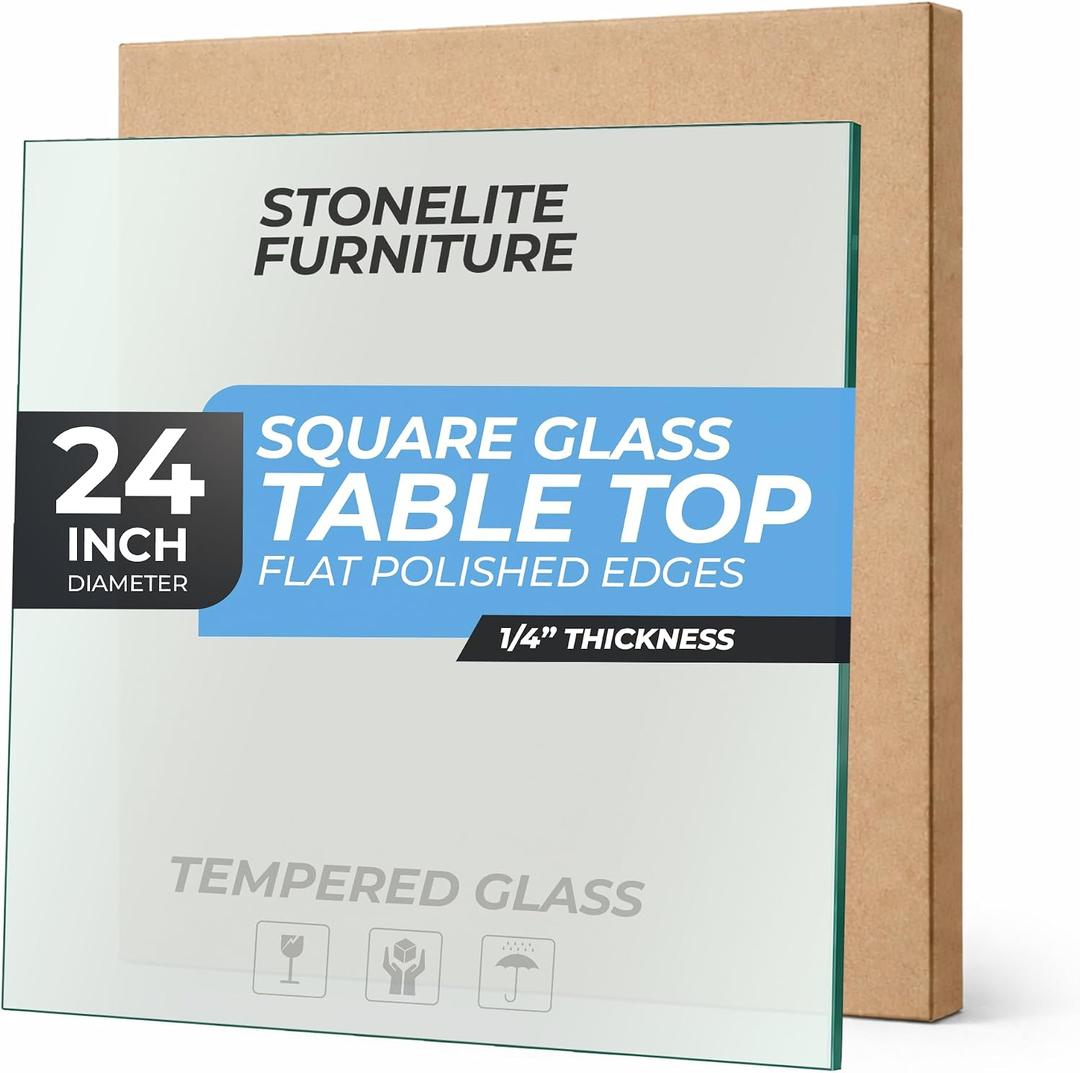 STONELITE FURNITURE 24" inch Square Tempered Glass Table Top - 1/4 inch Thickness & Flat Polished Edge - Clear Surface & Scratch Resistant - Ideal for Dining Room, Kitchen, Patio & Coffee Tables