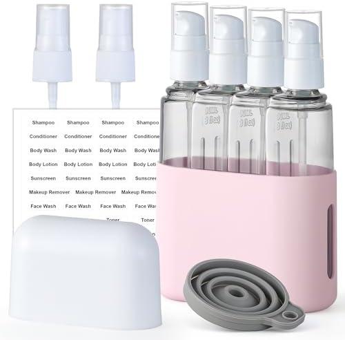 3oz Travel Bottles for Toiletries, 4 Pack Tsa Approved Portable Travel Size Containers for Shampoo Liquid With Labels, Leak Proof Refillable Containers Dispenser Set - Pink
