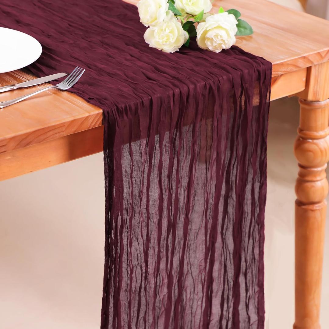 Snowkingdom Burgundy Red Easter Spring Table Runner, 10 Ft Cheesecloth Gauze Rustic Boho Cheese Cloth Runner for Wedding Birthday Bridal Baby Shower Christmas Holiday Long Sheer Home Decorations