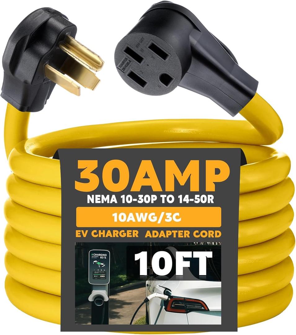Tellegloww 10 ft NEMA 10-30P to 14-50R EV Charger Cord 3 Prong Old Dryer Outlet to Level 2 EV Charger Extension Cord with Handle (Only for 3 Prong L-Shaped Old Dryer NEMA 10-30R Outlet) ETL Listed