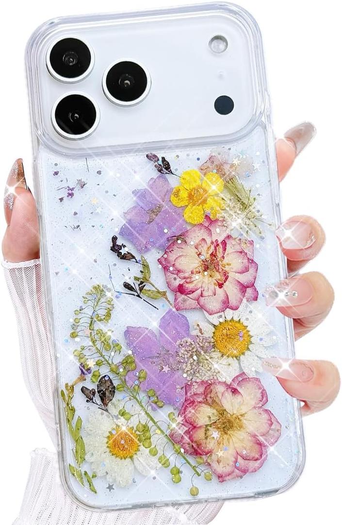for iPhone 17 Pro Clear Case with Pressed Real Flower Design, Cute Glitter Purple Floral Pattern Slim Soft TPU Shockproof Protective Women Girls Phone Cover for iPhone 17 Pro 6.3", Violet