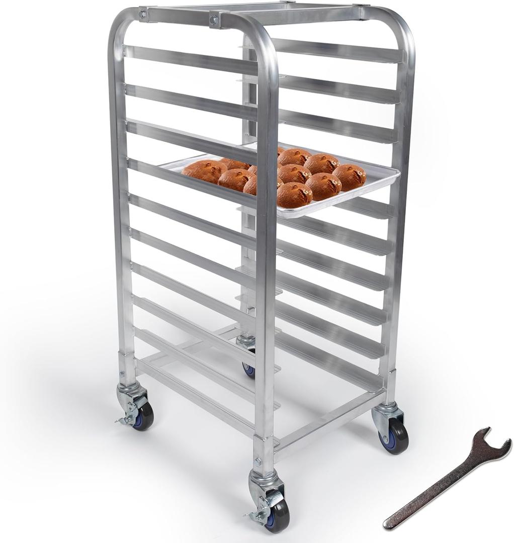 10-Tier Half Sheet Pan Rack - Commercial Aluminum Baking Sheet Rack for 18" x 13" Sheets/Pan, Speed Rack with Lockable Casters for Kitchens - Sheet Pan NOT Included - 18" x 15.25" x 36"