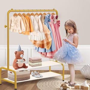 Kids Gold Clothing Rack - Dress Up Clothes Rack - Baby Toddler Closet - Freestanding Coat Racks with 2 Fabric Shelves - Small Kids Costume Wardrobe - Garment Rack for Hanging Clothes Organizer, Gold