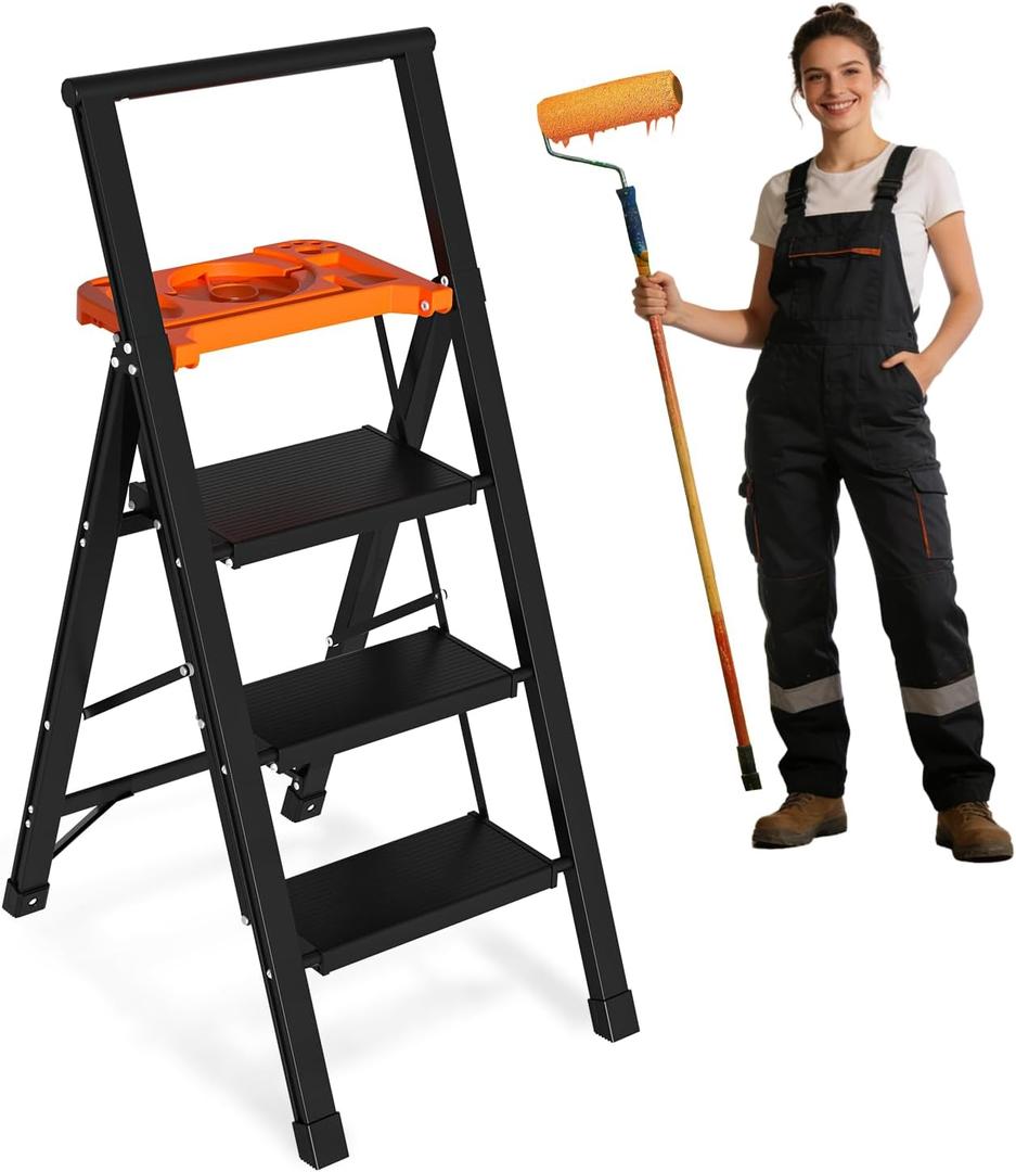 Aluminum 3 Step Ladder with Tool Tray - 600lbs Heavy Duty Lightweight Step Stool with Extended Handrails, Work Platform for Home Maintenance & DIY Projects (Black&Orange)
