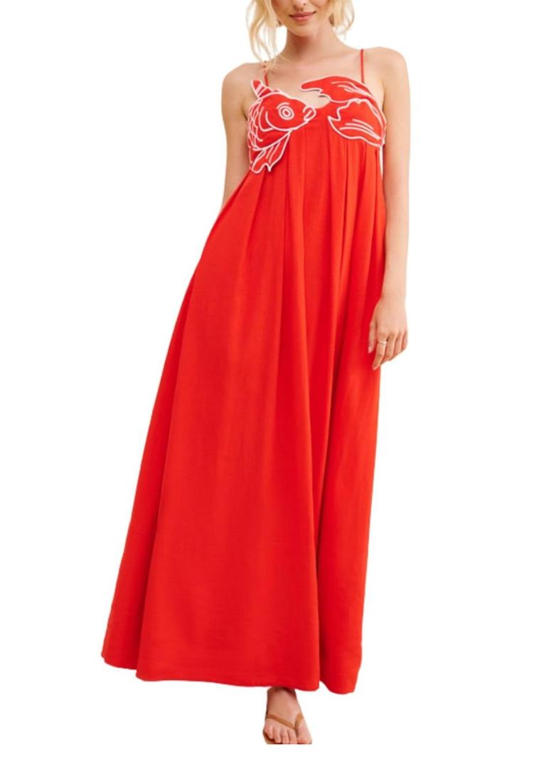 Womens Koi Fish Long Strap Dress 3D Fish High Waist Maxi Cami Dress, Medium