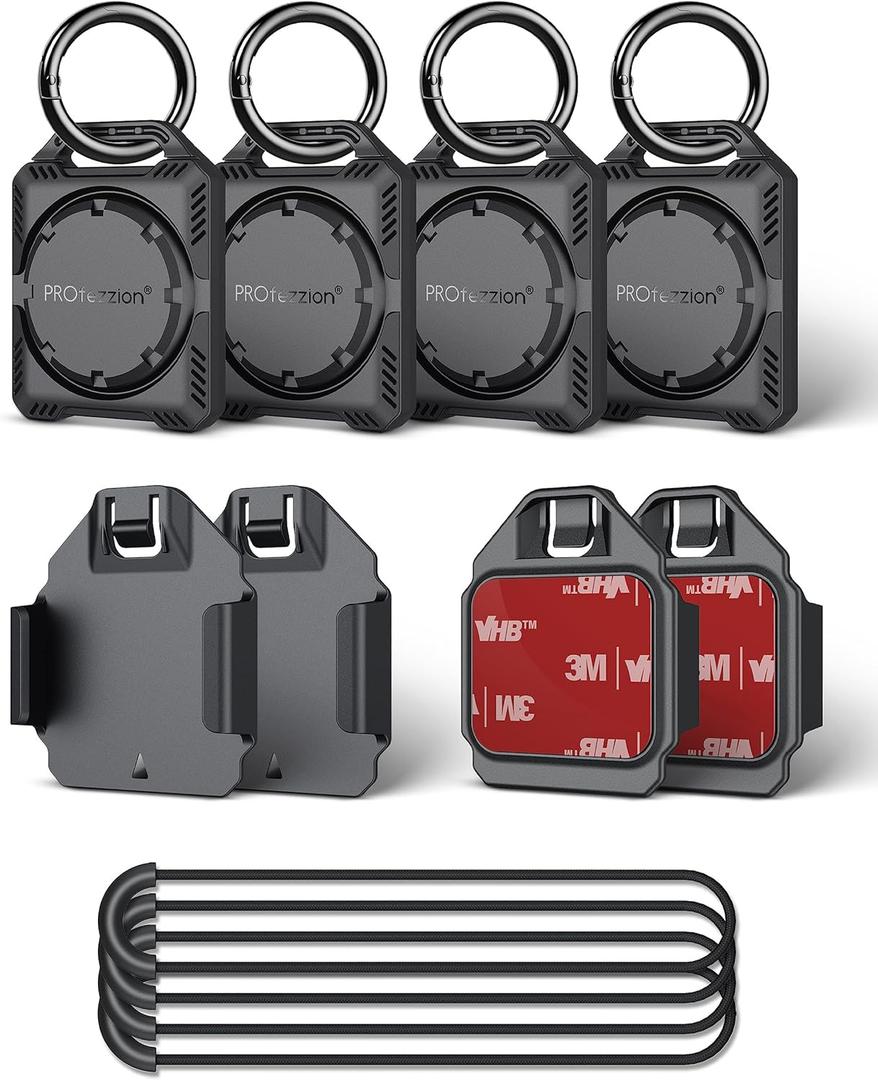 PROfezzion 4-Pack Secure AirTag Holder Air Tag Case with Key Ring, 3M Adhesive Mount & Loop Strap for Keychain, Dog Collar, Backpack, Luggage Bag, Car & More, IPX8 Waterproof, Full Cover & Discreet (Black 4-Pack)