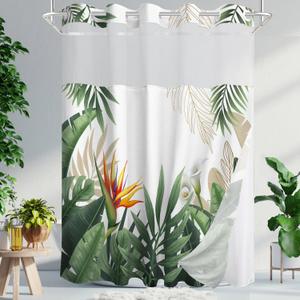 Long No Hook Shower Curtain with Snap in Liner, Tropical Leaf Shower Curtains and Liner Set for Bathroom, Monstera Palm Leaves Floral Fabric Bath Curtain, Waterproof Washable, Green 71" x 77"
