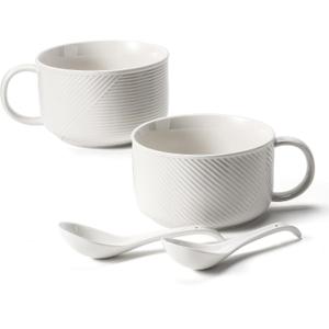 Microwave Soup Bowls with Handles: 38 Ounce Extra Large Ceramic Soup Mug with Handle & Spoon - Oversized Ramen Bowl Set of 2, 6 Inch, White