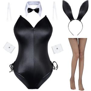 Womens Bunny Costume Girl Suit Senpai Cosplay Anime Role Costume One Piece Bodysuit Stockings Set (Small, Black/White-removable Padded)