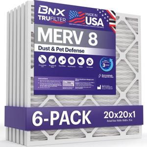 BNX TruFilter 20x20x1 Air Filter MERV 8 (6-Pack) - MADE IN USA  Dust & Pet Defense Electrostatic Pleated Air Conditioner HVAC AC Furnace Filters for Dust, Pet, Mold, Pollen MPR 600  700 & FPR 5