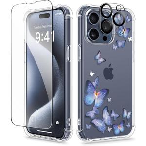 GVIEWIN for iPhone 15 Pro Max Case, [3 in 1] with Screen Protector & Camera Lens Protector, Clear Hard Shockproof Slim Fit Floral Phone Cover for Women Girls 2023 6.7"(Butterfly/Blue) (for iPhone 15 Pro Max (6.7 inch))