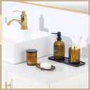 Shinowa Glass Bathroom Accessories Set, 5 Piece Luxury Bathroom Set with Soap Dispenser, Toothbrush Holder, Qtip Holder with Lid, Soap Dish & Tray, Modern Vanity Countertop Organizer, Brown + Black