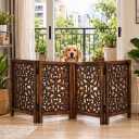 Free Standing Dog Gate 4 Panel Foldable Wooden pet gate Indoor 72" W x 24" H, Hand-Carved Solid Wood & MDF, Portable Indoor Gate for Doorways, Halls, Stairs Fully Assembled_Antique Brown