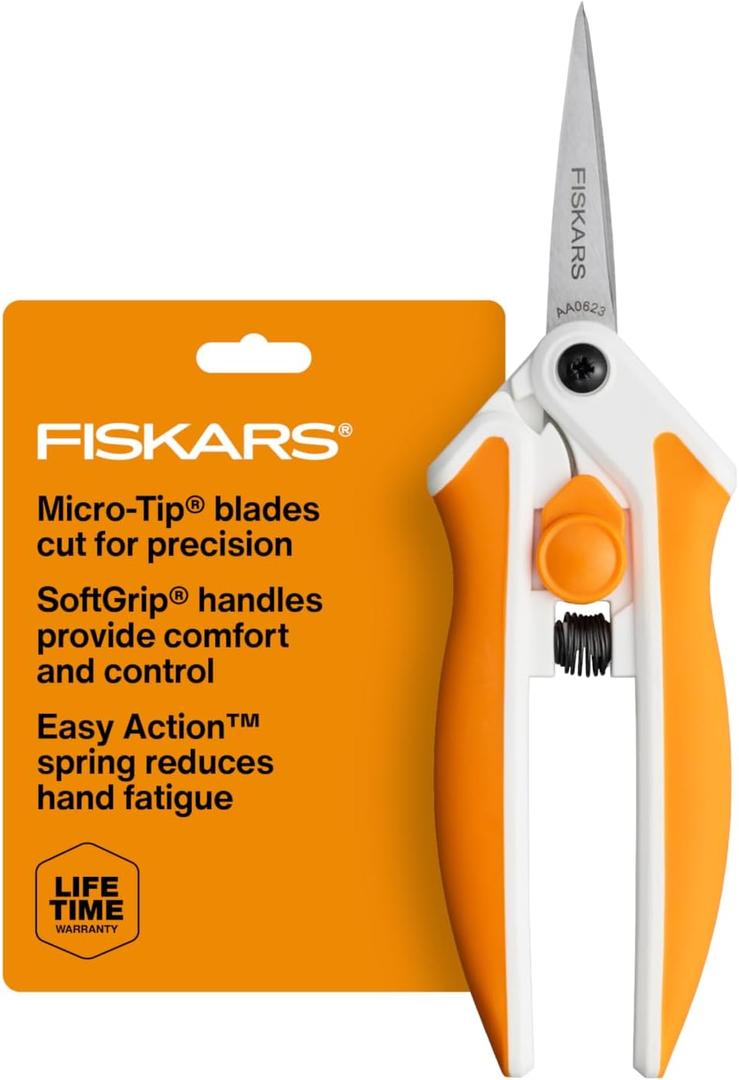 Fiskars Micro-Tip Spring Assisted Scissors, Precision Cutting Stainless Steel Blades, Comfort Handle, Cut Details in Fabric, Sewing Scissors and Arts and Crafts Tools