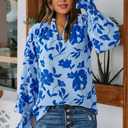 MASCOMODA Womens V Neck Floral Long Sleeve Tops 2025 Summer Casual Loose Puff Sleeve Chiffon Boho Work Blouse Dressy T Shirts (Blue, M)