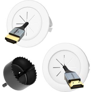 VCELINK in-Wall Cable Management Kit, Wall Cord Hider for TV/Coaxial/HDMI/Speaker Cords, Includes 2 Pass Throughs, Locking Brackets and Hole Saw Drill Attachment (Rubber-Small Size, White)