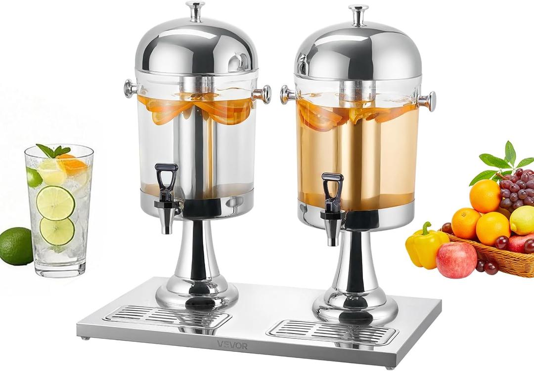 VEVOR Beverage Dispenser, 2.1 Gallon x 2 Drink Dispenser for Parties, Stainless Steel + Plastic Juice Dispensers with Spigot Ice Chamber Tray, Iced Tea Lemonade Dispensers, for Restaurants, Hotels