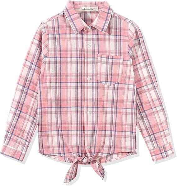 Noomelfish Girls Long Sleeve Button Down Shirt Tie Front Blouse Tops (5-14 Years) (9-10 Years, Pink Plaid)