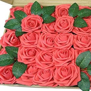 Artificial Flowers 50PCS Real Looking Coral Fake Roses with Stem for DIY Wedding Bouquets Centerpieces Party Baby Shower Home Decorations (Coral)